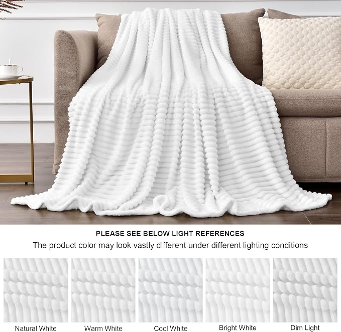 BEDELITE 3D Ribbed Jacquard White Blankets Queen Size for Bed, 90x90 Inch | Soft Warm Decorative Fluffy Blanket, Cozy Fuzzy Lightweight Plush Fleece Throw Blankets for Bed, Room Decor, Gift for Women