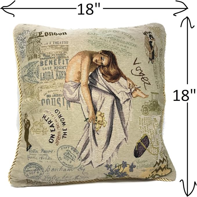 Tache Tapestry Throw Pillow Covers 18x18 Decorative Boho Farmhouse Decor Square Vintage French Parisian Model Couch Accent Cushion Cover 2 Pieces