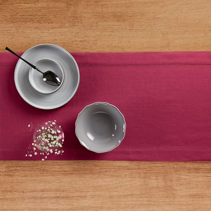 Solino Home 100% Pure Linen Dining Table Runner Beet Hemstitch, 14 x 144 in | Classic Hemstitch, a graceful centrepiece for dining and gatherings, hemstitched border, mitered corners, OEKO-TEX Certified