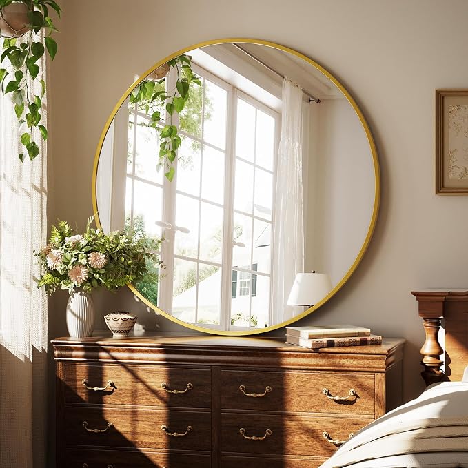 XRAMFY 40 Inch Round Mirror - Gold Circle Mirrors for Bathroom, Entryway | Modern Hanging Vanity Mirror, Aluminum Alloy Frame Matte Black Circle Decorative Wall Mirror for Living Room Wall Decor