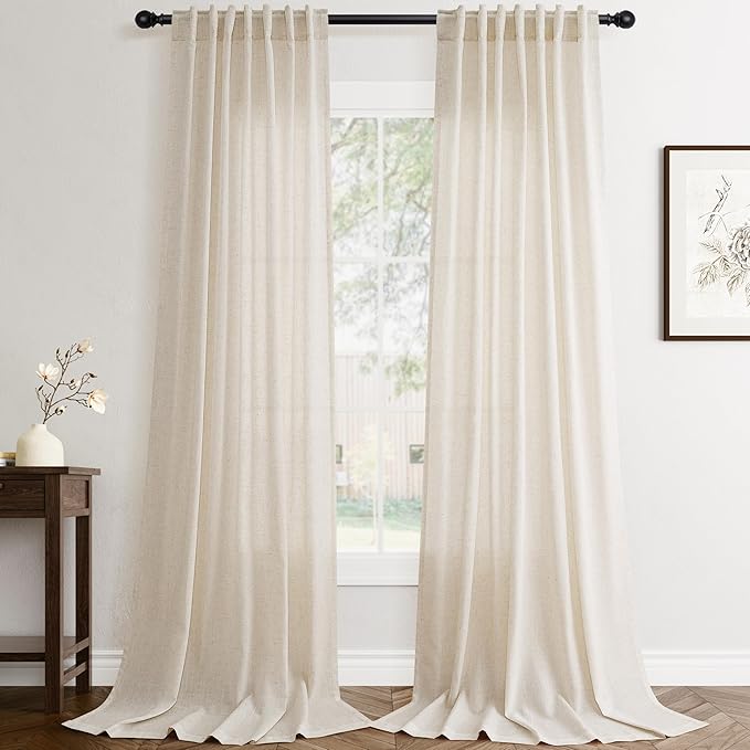 Jowels Cream Linen Curtains 96 Inch Long 2 Panels for Living Room | Beige Flax Light Filtering Sheer Curtain,Back Tab Pocket Pleated Look,Farmhouse Textured Privacy Drapes for Bedroom Window