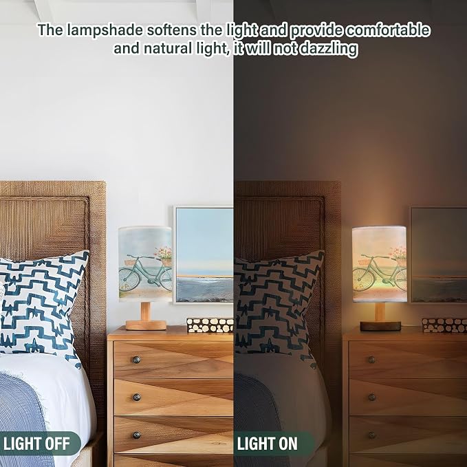 Bedside Lamp Bike Bicycle Flower Coast Table Lamp for Bedroom LED Nightstand Lamp Shade USB Ports Wood Base for Living Room Dorm Office