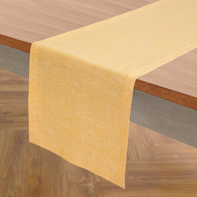Solino Home 100% Pure Linen Table Runner Mustard Long, Athena 14 x 132 in | styles dining tables for meals and celebrations, European flax fibres, easy to care for, Chambray Mustard, OEKO-TEX Certified