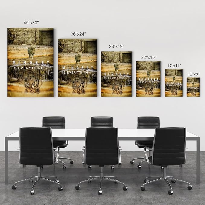 Smile Art Design Mindset is Everyting Cat and Reflection is Tiger Motivational Wall Art Canvas Print Inspirational Entrepreneur Quote Office Living Room Decor Gift Ready to Hang 17x11
