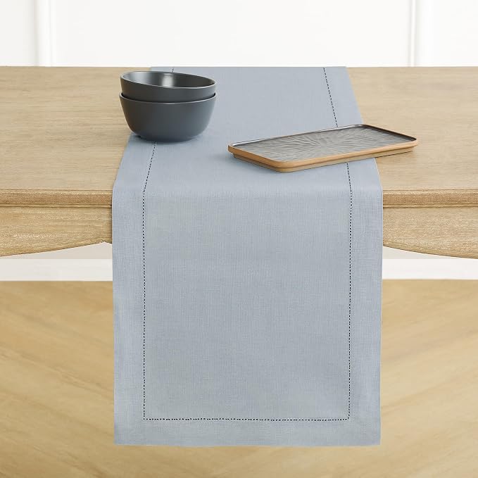 Solino Home 100% Pure Linen Table Runner Dusty Blue Hemstitch, 14 x 108 in | Classic Hemstitch, brings a tailored look to family meals and hosting, hemstitched border, soft, fine, OEKO-TEX Certified