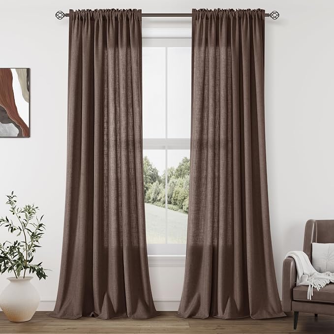 Cappuccino Linen Curtains 90 Inches Long Rod Pocket Semi Sheer Dining Room Cozy Bedroom Decor Cotton Look Country Rustic Farmhouse Boho Curtains 2 Panel Set,52x90