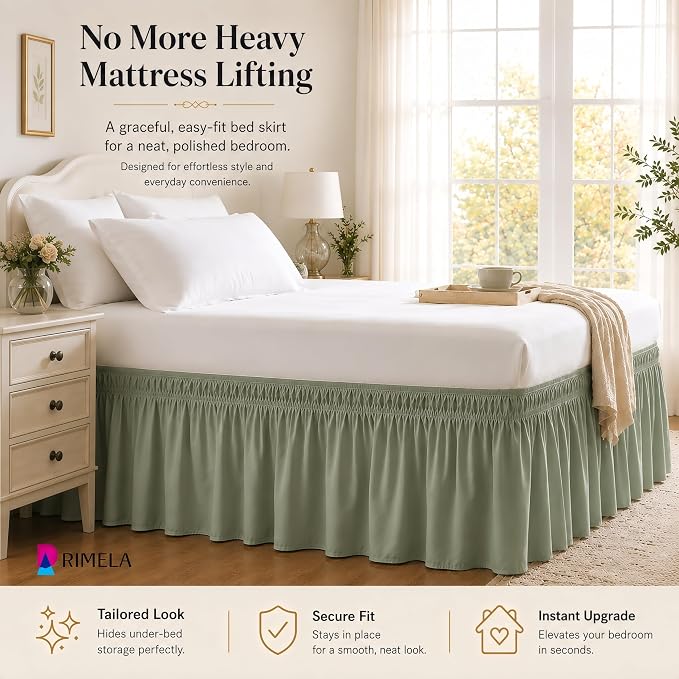 Sage Green Bed Skirt King Size 15" Drop, Elastic Wrap Around Bedskirt | Solid Ruffled, Easy to Use, No Mattress Lifting, Wrinkle & Fade Resistant, with Adhesive Strips, Machine Wash/Dry/Iron