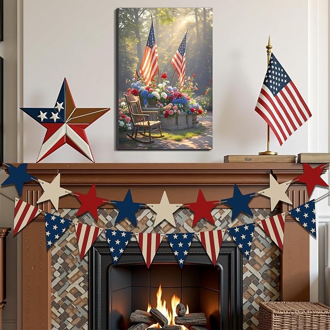 Framed American Flag Floral Garden Wall Art, Patriotic 4th of July Canvas Art Pictures, USA Flag Flower Wall Decor, Made in USA Ready to Hang for Living Room Porch