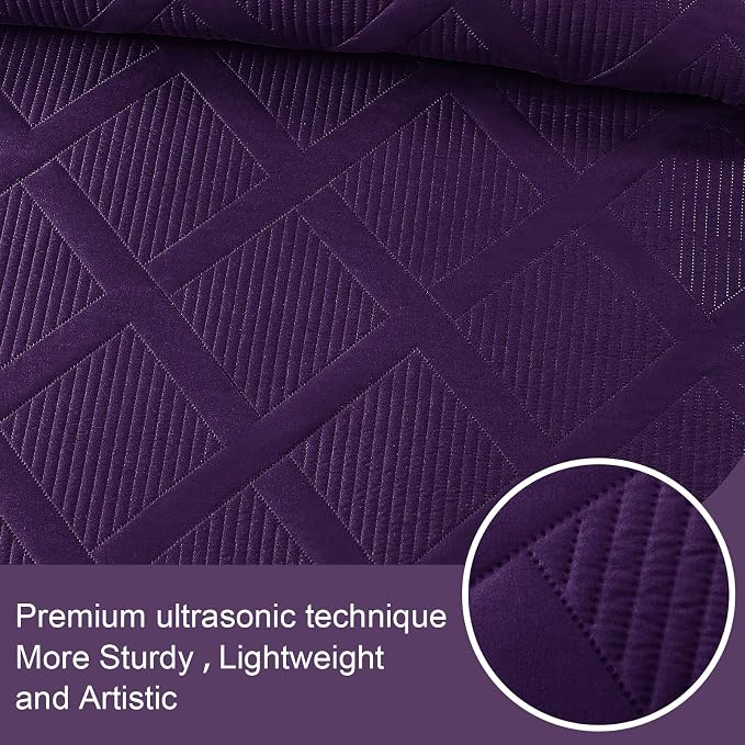 Exclusivo Mezcla Quilt King Size, Deep Purple | Soft Bedspreads with 2 Pillow Shams, Modern Striped Pattern, Lightweight Bedding Set Coverlets for All Seasons, 104x96 Inch