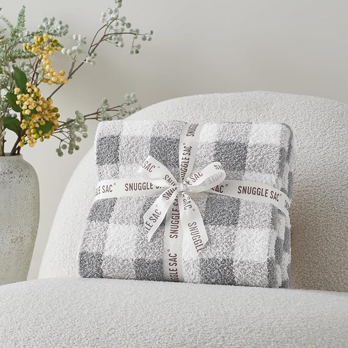 Snuggle Sac Buffalo Plaid Bedding Blanket Twin Size, Super Soft, Cozy Warm Knit Decorative Blankets, Reversible Plaid Fluffy Throws for Bed, Plaid Grey, 60x80 Inches