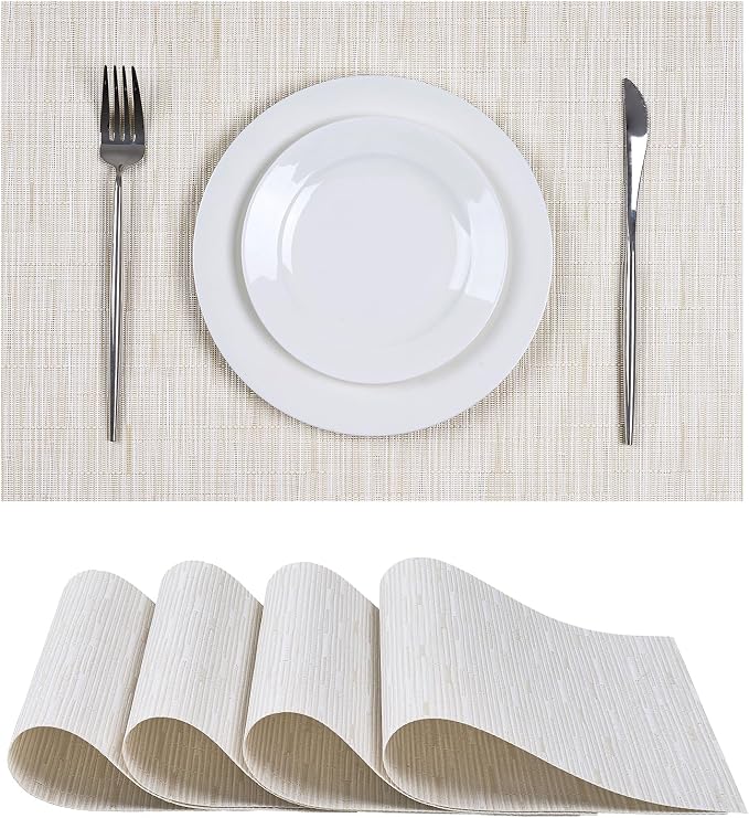 Leetaltree Pale Beige Placemats Set of 4 - Heat Resistant Non-Slip Place mats for Dining Table, Washable Durable PVC Vinyl Woven Table Mats（Pale Beige, 4）