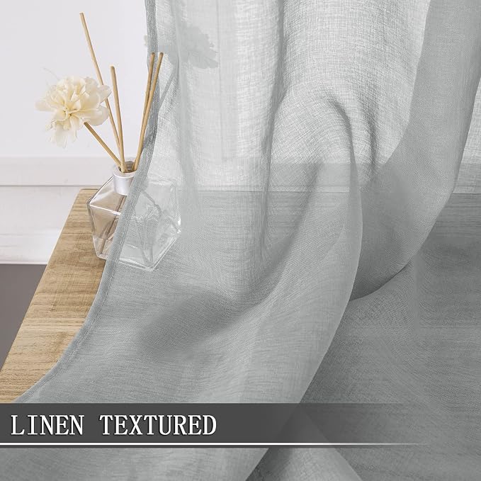Tollpiz Sheer Curtains Linen Textured Living Room Curtain Sheers Light Filtering Rod Pocket Voile Curtains for Bedroom, 42 x 63 inches Long, Silver Grey, Set of 2 Panels
