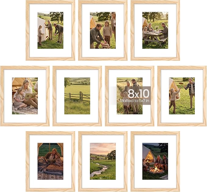upsimples 8x10 Picture Frame Set of 10, Display Pictures 5x7 with Mat or 8x10 Without, Multi Photo Frames Collage for Wall or Tabletop Display, Natural