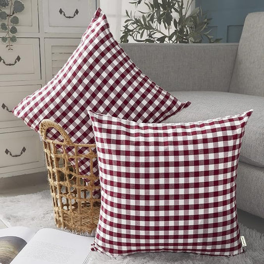 Red and White Farmhouse Boho Gingham Throw Pillow Covers 18x18 Set of 2 | Red and White Checkered Gingham Plaid Christmas Decorative Throw Pillow Covers Set of 2, Fundas Para Cojines De Sala Navidad