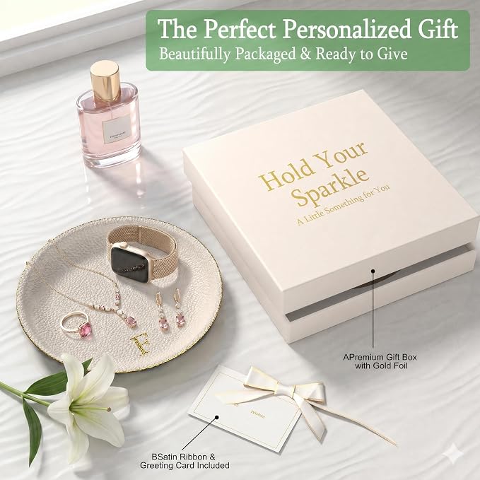 Initial Jewelry Dish for Women, Shatterproof Vegan Leather Ring Holder with Stainless Steel Core, Personalized Monogram Trinket Tray, Birthday Bridesmaid Gift with Box (Cream Letter F)