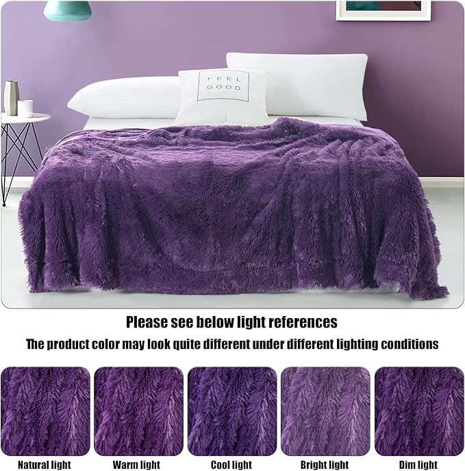 GONAAP Fuzzy Faux Fur Twin Blanket for Couch, Purple, 60"x80" | Warm Cozy Plush Shaggy Decorative Reversible Thick Non-Heated Fleece Blanket for Sofa Bed, Gift for Women Men, All Season Use