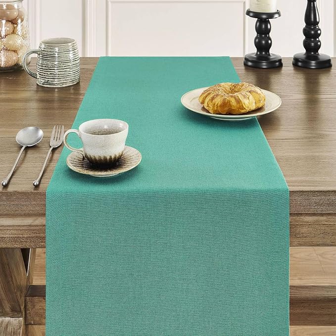 ZeeMart Basic Linen Style Table Runner, 14x90 Inch Teal | Mitered Corner Design, Medium Weight Fabric, Rustic Farmhouse Style, Machine Washable Easy Care Everyday Table Scarf