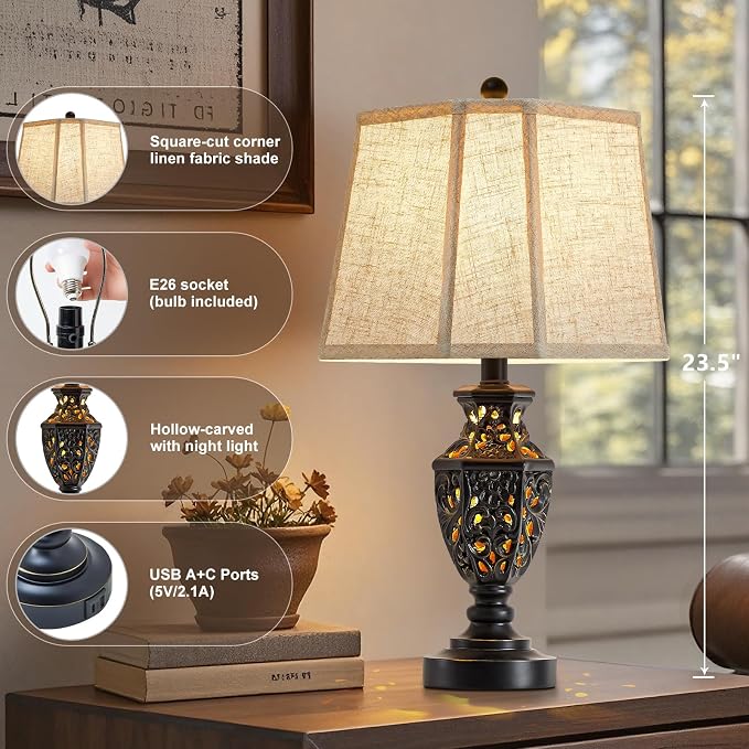 EJIAXIN Lamps for Night Stands Set of 2-23.5" Vintage Bedside Lamp with USB A+C and Nightlight - Black Retro Carved Resin Farmhouse Table Lamp for Bedrooms, End Tables, Living Room, Bulbs Included