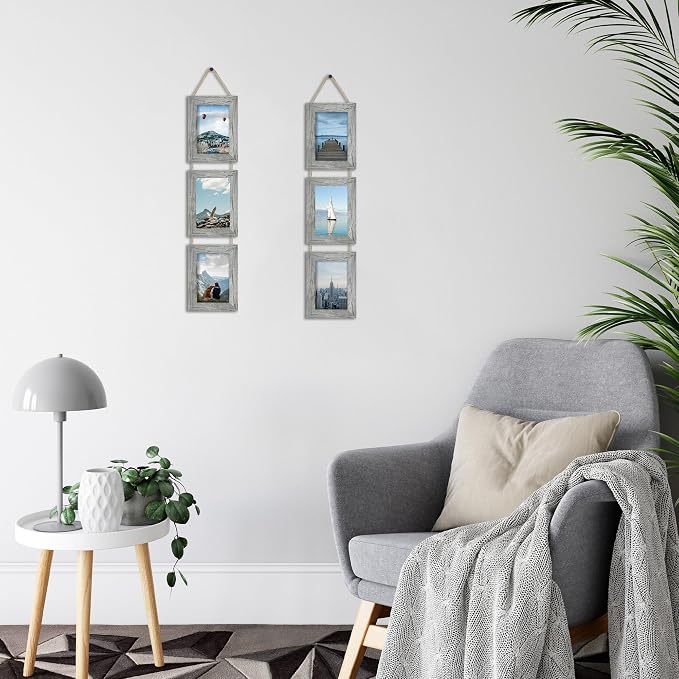 4x6 Collage Picture Frames Set of 2, Rustic Gray Wooden Real Glass Vertical Hanging 3 Opening 4 by 6 Photo Frame, Grey
