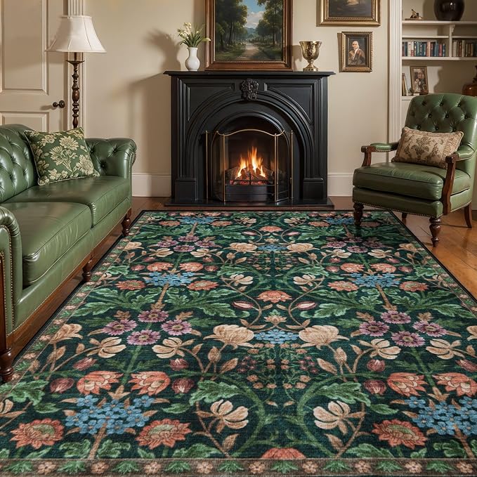 Ciicool 4x6 Washable Area Rug Floral Living Room Rugs for Bedroom Bedside | Soft Low Pile Carpet for Hallway Entryway Playroom Laundry Office Home Boho Non-Slip Black Carpets
