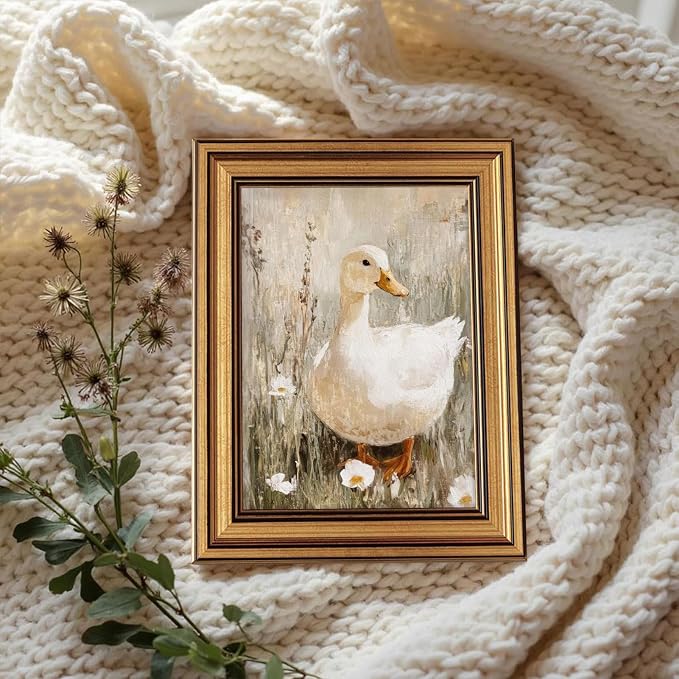 Vintage Gold Framed Wall Art Muted Duck in Spring Wall Decor Picture Cute Farmhouse Animal Poster Rustic Country Nature Cottagecore Print for Gallery Living Room Bedroom Home Decoration 9x11in