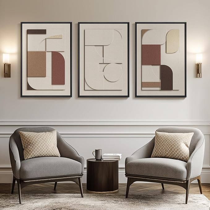 Large 3D Textured Neutral Abstract Framed Wall Art for Living Room, 3 Piece | Wood Frames, Brown and Cream, Set of 3 Sandstone Paintings, 20x30 In Modern Geometric Sculptural Wall Decor Bedroom Office