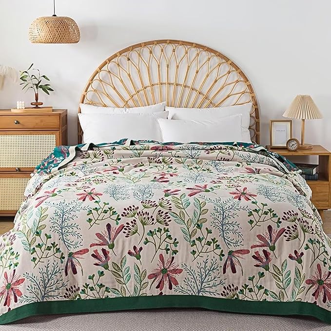Boho Throw Blanket for Bed 100% Cotton Bohemian Blankets Ultra Soft Woven Muslin Decorative Blankets All Seasons Vintage Quilt Knitted Blanket for Sofa Chair(Green, 80"x90")