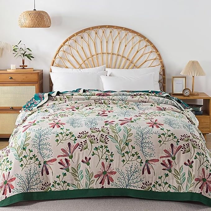 Boho Throw Blanket for Bed 100% Cotton Bohemian Blankets Ultra Soft Woven Muslin Decorative Blankets All Seasons Vintage Quilt Knitted Blanket for Sofa Chair(Green, 50"x60")