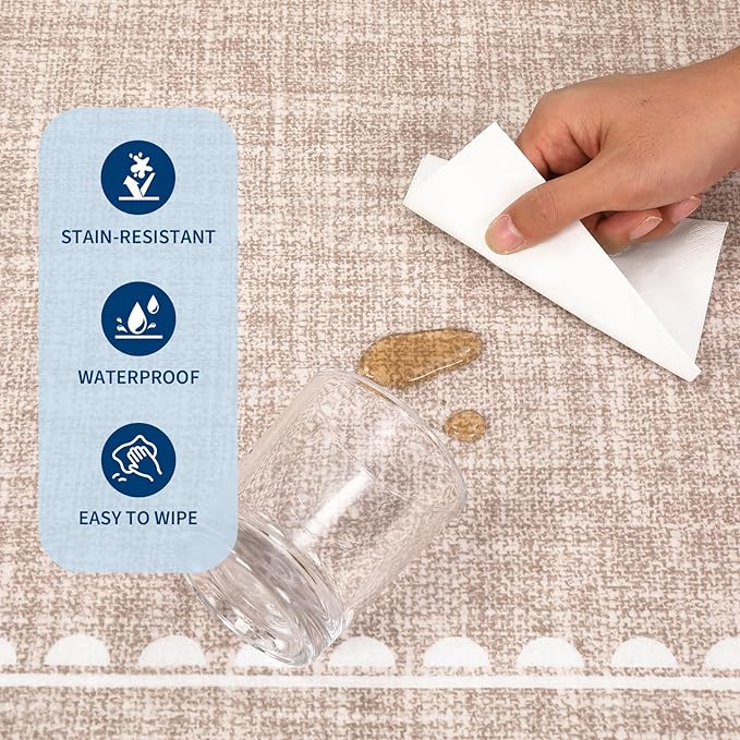 COZYLOOM 9x12 Dining Room Rugs for Under Table, Machine Washable Area Rugs for Bedroom, Non Slip Non Shedding Scalloped Border Rug Stain Resistant Low Pile Bow Carpet for Living Room, Nursery, Camel