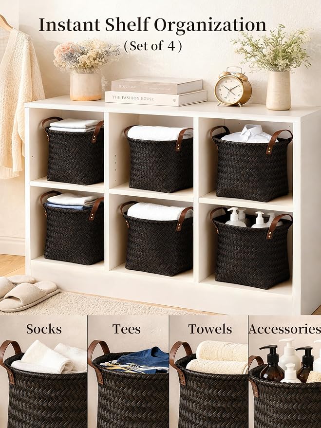 Wicker Storage Baskets, 4 Pack Woven Baskets for Shelves, Dark Gold | PP Rattan, Water-resistant Wicker Basket, Large Baskets with Faux Leather Handles for Blanket, Laundry Organizer, Room Decor