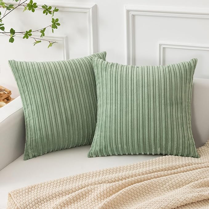 Kevin Textile Striped Corduroy 22”x22” Pillow Covers 2 Pack, Sage Green