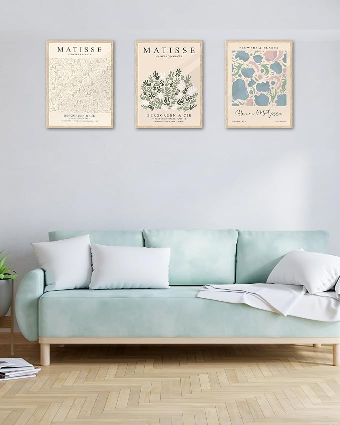 KensTro 12x16 Oak Picture Frames Set of 3 with Matisse Prints | Natural Solid Oak Wood Frames with 3 Matisse Prints, Clear Front, Ready for Posters, Photos, Wall Art and Paintings
