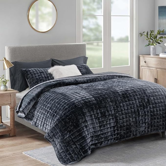 RECYCO Channel Box Stitch Velvet Quilt Set, King Size, Black | Ultra Soft Lightweight Velvet Comforter, Luxury Oversized Bedspread Coverlet, Quilted Bedding Set for All Season with 2 Shams