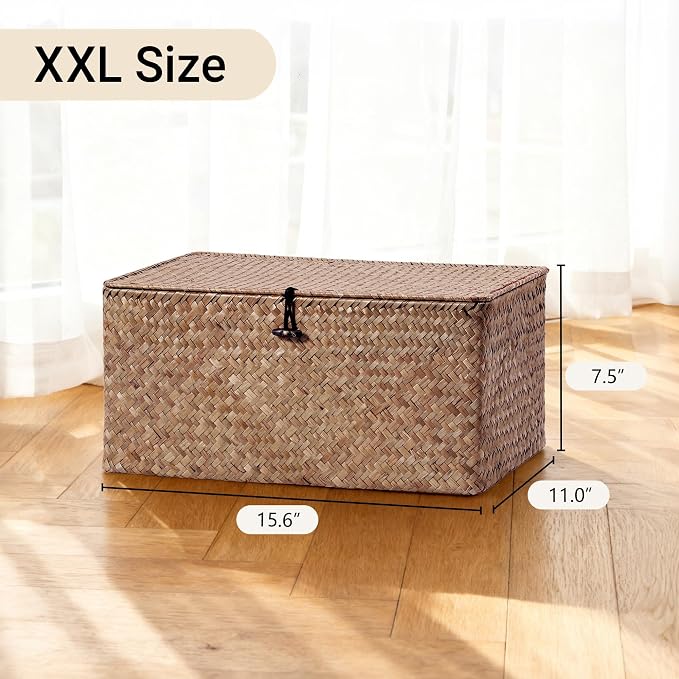 Nonam Large Wicker Basket with Lid,Seagrass Shelf Storage Basket,Coffee | Basket Container for Organizing, Boho Decorative Basket, Rectangular Household Storage Boxes for Home Organization