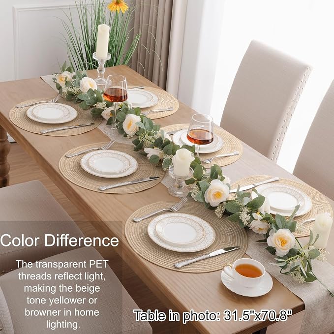 SHACOS 15 inch Round Placemats Set of 6, Cotton Polyester Woven Braided Place Mats, Washable Heat Resistant Circle Table Mats for Dining Table (Beige, 6)