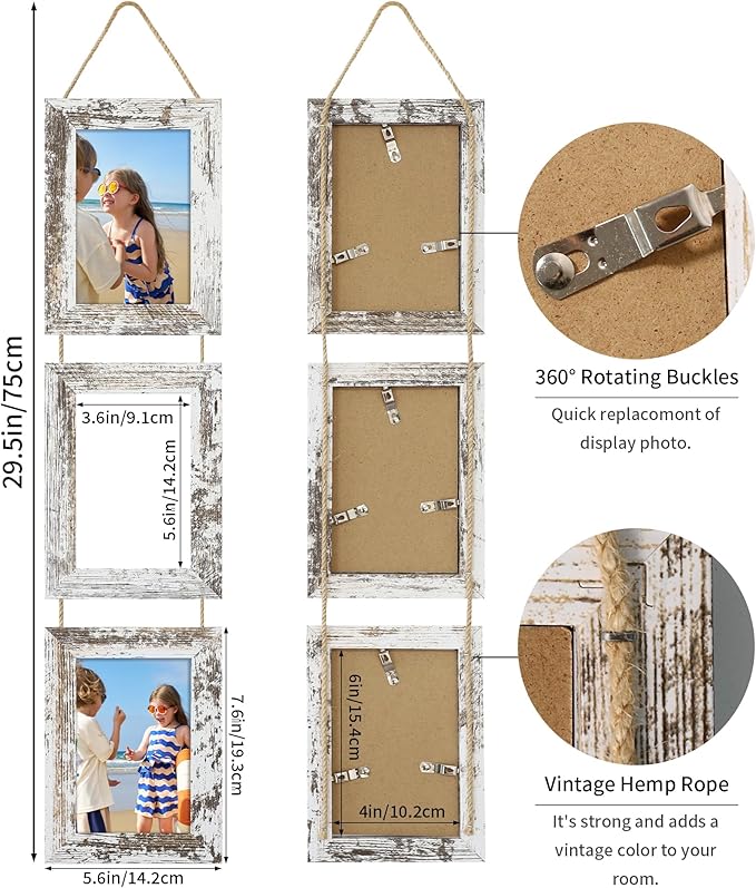 4x6 Collage Picture Frames Set of 2, Rustic Wooden Real Glass Vertical Hanging 3 Opening 4 by 6 Photo Frame, Distressed White