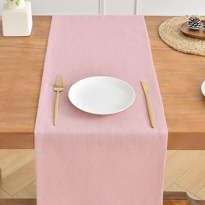 Wracra Linen Table Runner, Burlap Pink Table Runners 90 Inches Long | Rich Woven Linen Blend Fabric, Machine Washable, Rustic Farmhouse Handcrafted Table Runner for Dresser Dining Table Decor