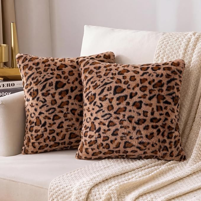 cygnus Set of 2 Cheetah Pillow Covers 18x18 Inch | Soft Faux Fur Leopard Print Throw Pillow Covers，Animal Print Pillowcase for Couch Sofa Bed Living Room Bedroom