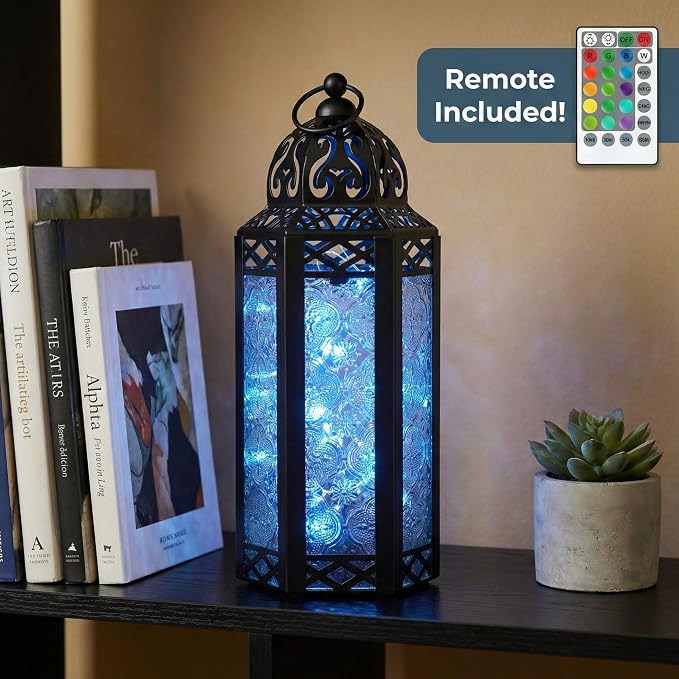 Vela Lanterns Decorative Indoor Fairy Light Color Changing Candle Holder, M | Multicolor Fantasy Lamp, Diwali & Ramadan Decorations, Eid Mubarak, Turkish Moroccan Metal Hanging, Patio, 10.5" Tall