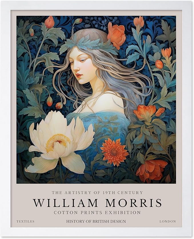 Monem Art William Morris Poster - Woman and Flowers Art Print - Lady Art - Floral Design - Flower Illustration - Aesthetic Bedroom or Living Room Decor - 11x14 White Framed