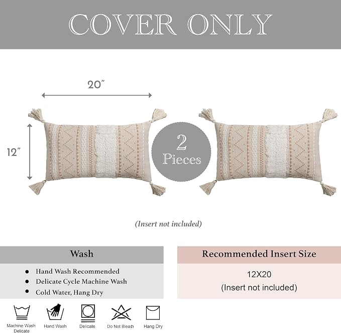 BlissBlush Decorative Lumbar Throw Pillow Covers 12x20 Combo Set of 2 Cream Neutral Rectangular Boho Accent Pillowcase Farmhouse Cushion for Couch Sofa Bedroom Living Home Décor Cover ONLY