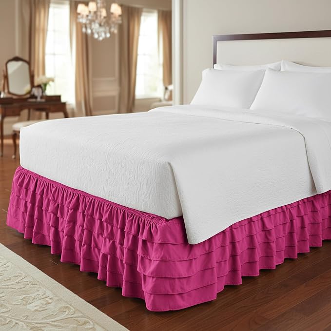 Elegant Comfort Luxurious Premium Quality 1500 Thread Count Wrinkle and Fade Resistant Egyptian Quality Microfiber Multi-Ruffle Bed Skirt - 15inch Drop, King, Pink