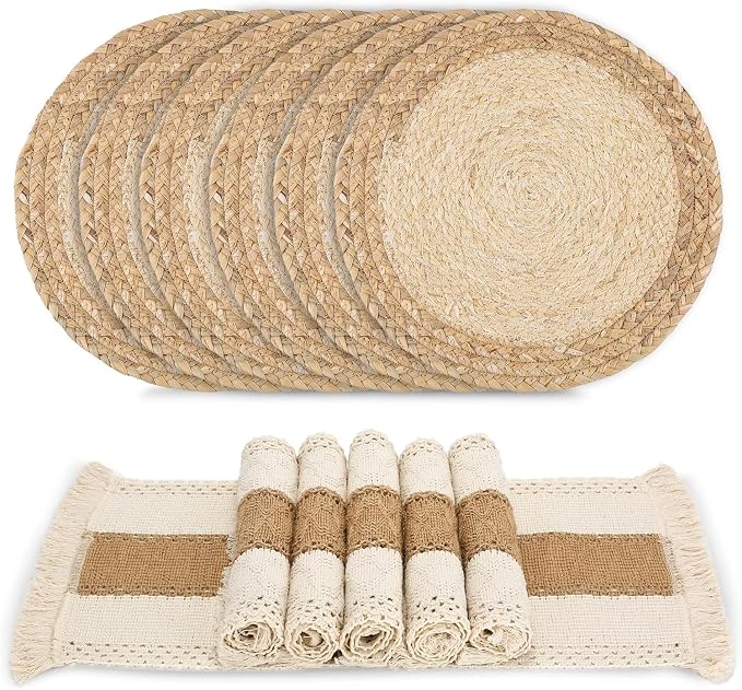 Placemats Set of 6 with 6 PCs Round Placemats and 6 PCs Table Mats | Natural,Handmade,Boho Woven Placemat,Burlap Table Placemats,Heat Resistant for Kitchen and Dining Table Farmhouse Décor