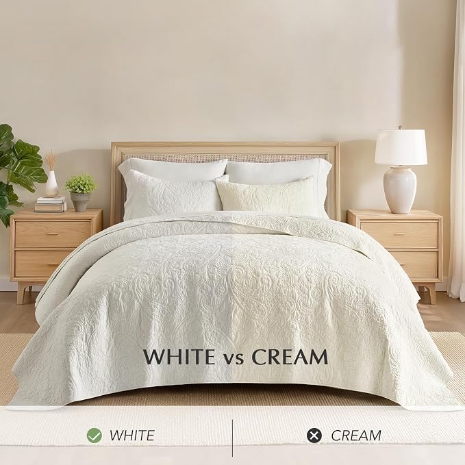 EVERGRACEHOME 100% Cotton Paisley Quilt Set, Queen Size, Bright White | Prewashed for Softness, Year-Round Breathability, Gift-Ready Box, Matelasse-style Quilted Coverlet, 3 Piece Set with 2 Shams