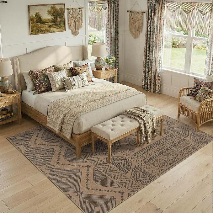 jinchan 8x10 Faux Jute Area Rug Washable Boho Living Room Rug, Charcoal | Southwestern Geometric, Non-Slip, Low Pile, Indoor Outdoor, Natural Fiber Look, Dining Room, Deck, Backyard, Bedroom, Patio