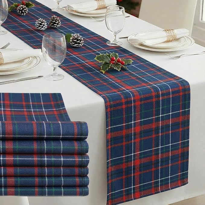 Gilprop 6 Pcs 72 x 13'' Tartan Plaid Table Runner Red and Blue | Vintage Bear Babyshower Birthday Party Dining Decor, Checkered Cloth for Home Kitchen Farmhouse, Reusable Fabric Sets