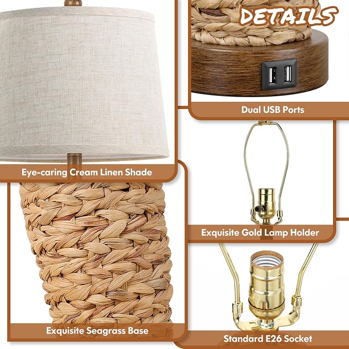 Set of 2 Rattan Table Lamps, 27in Tall Boho Table Lamps with 2 USB Charging Ports, Farmhouse Rustic Woven Seagrass Bedside Lamps for Living Room Bedroom Nightstand End Table, E26 Socket, Cream Shade