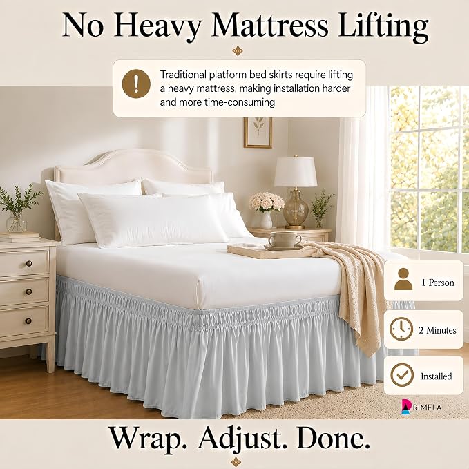 Ice Grey Bed Skirt King Size 15" Drop, Elastic Wrap Around Bedskirt | Solid Ruffled, Easy to Use, No Mattress Lifting, Wrinkle & Fade Resistant, with Adhesive Strips, Machine Wash/Dry/Iron