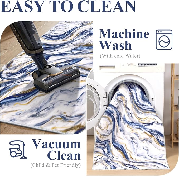 Yamaziot 2x5 Washable Modern Abstract Runner Rug Non-Slip for Hallways | Stain Resistant Kitchen Rug with Rubber Backing, Low Pile, Ultra Soft Carpet Runner for Bedroom, Laundry, Entrance,Blue