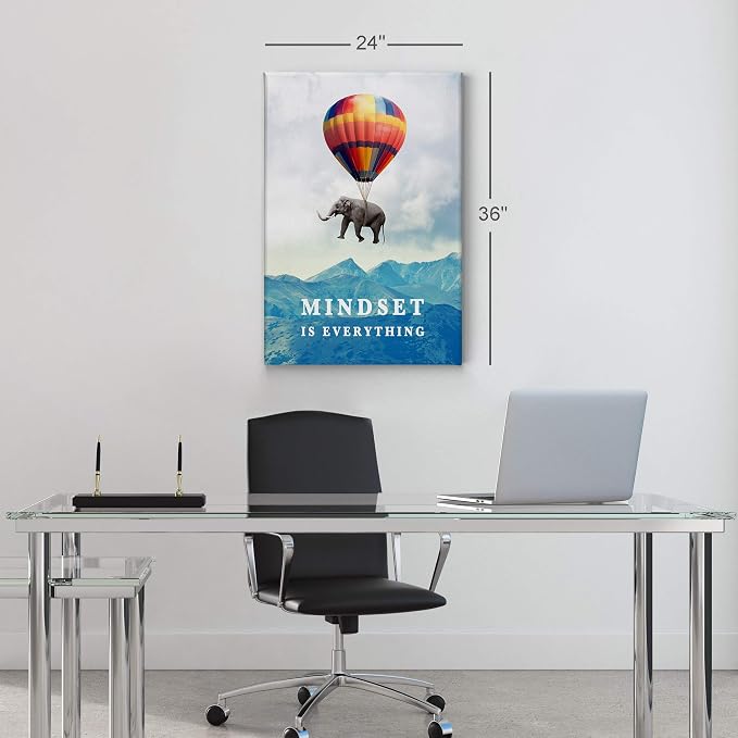 Smile Art Design Mindset is Everything Quote Elephant with Balloon Motivational Wall Art Canvas Print Inspirational Wall Art Entrepreneur Quote Office Living Room Decor Gift Ready to Hang 40x30